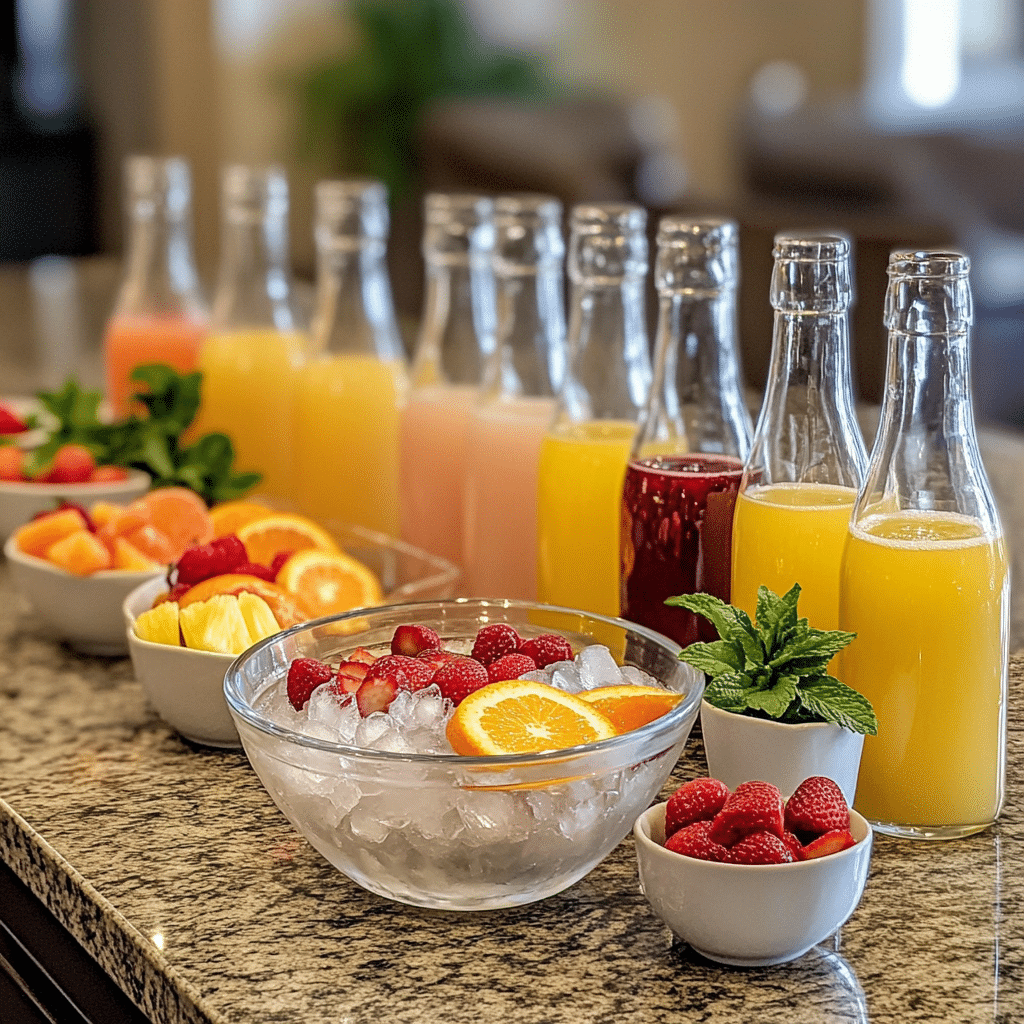 Non alcoholic mimosa bar setup with sparkling bottles, juice carafes, and fruit garnishes on a kitchen counter