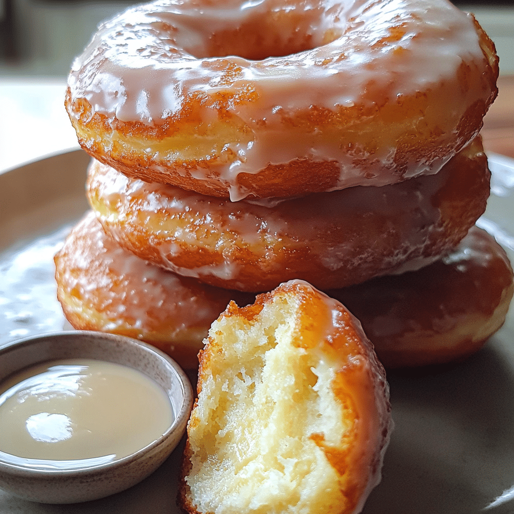 Close-up of old fashioned sour cream donuts with cracked edges and thin glaze, one broken to show tender interior