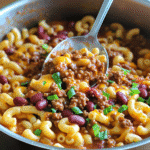 Close-up of one pot chili mac with melted cheddar and green onions in a pot