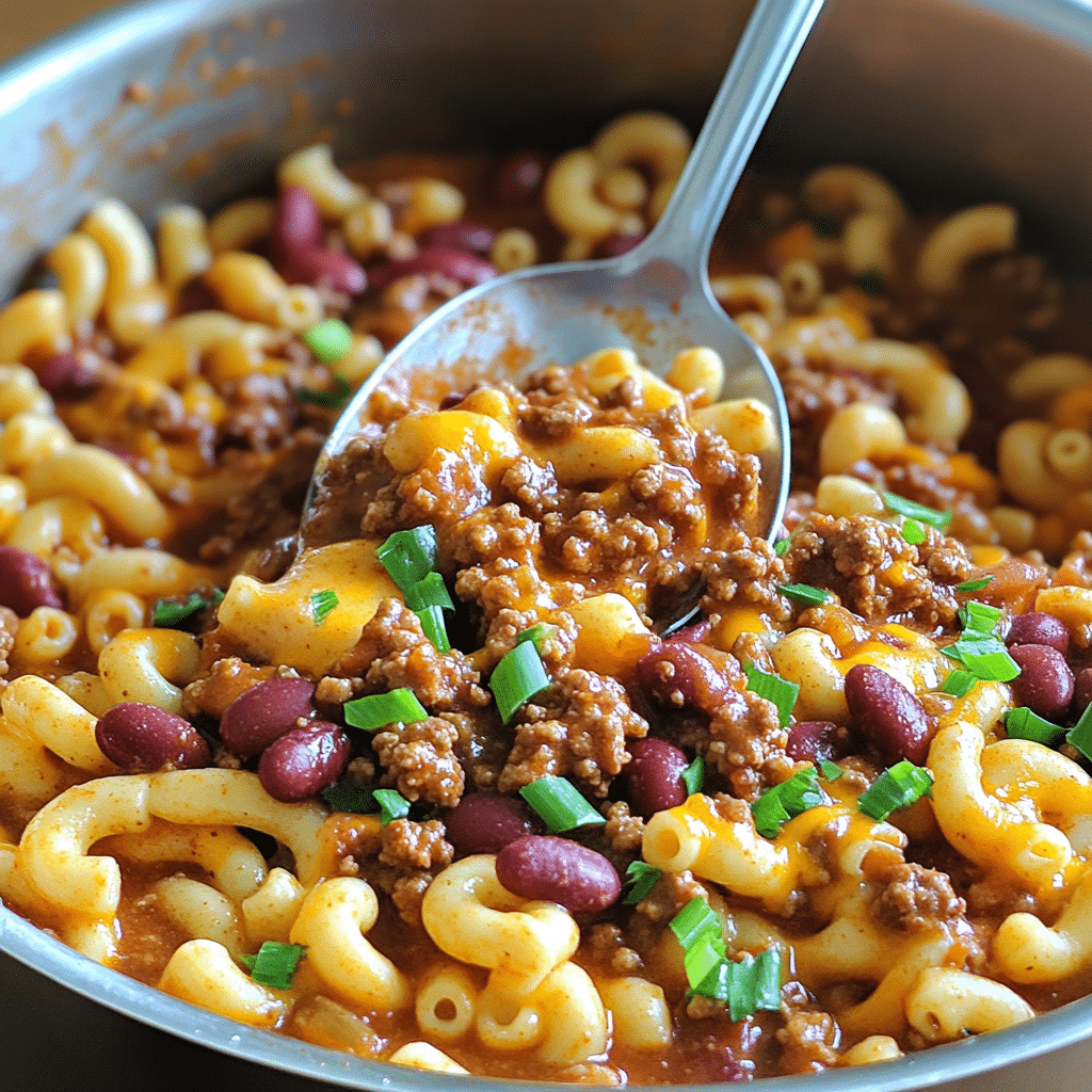 Close-up of one pot chili mac with melted cheddar and green onions in a pot