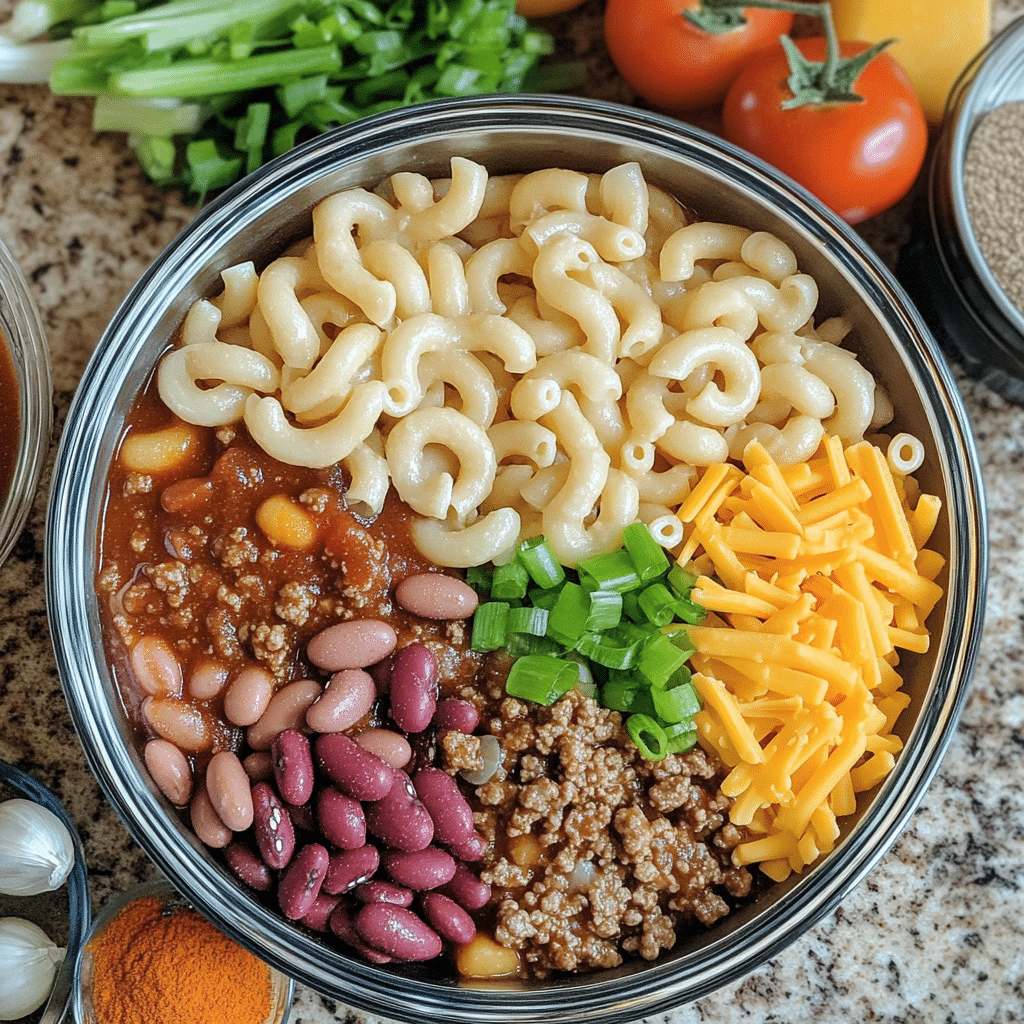 Overhead ingredients for one pot chili mac including macaroni, ground beef, beans, tomatoes, spices, broth, and cheddar