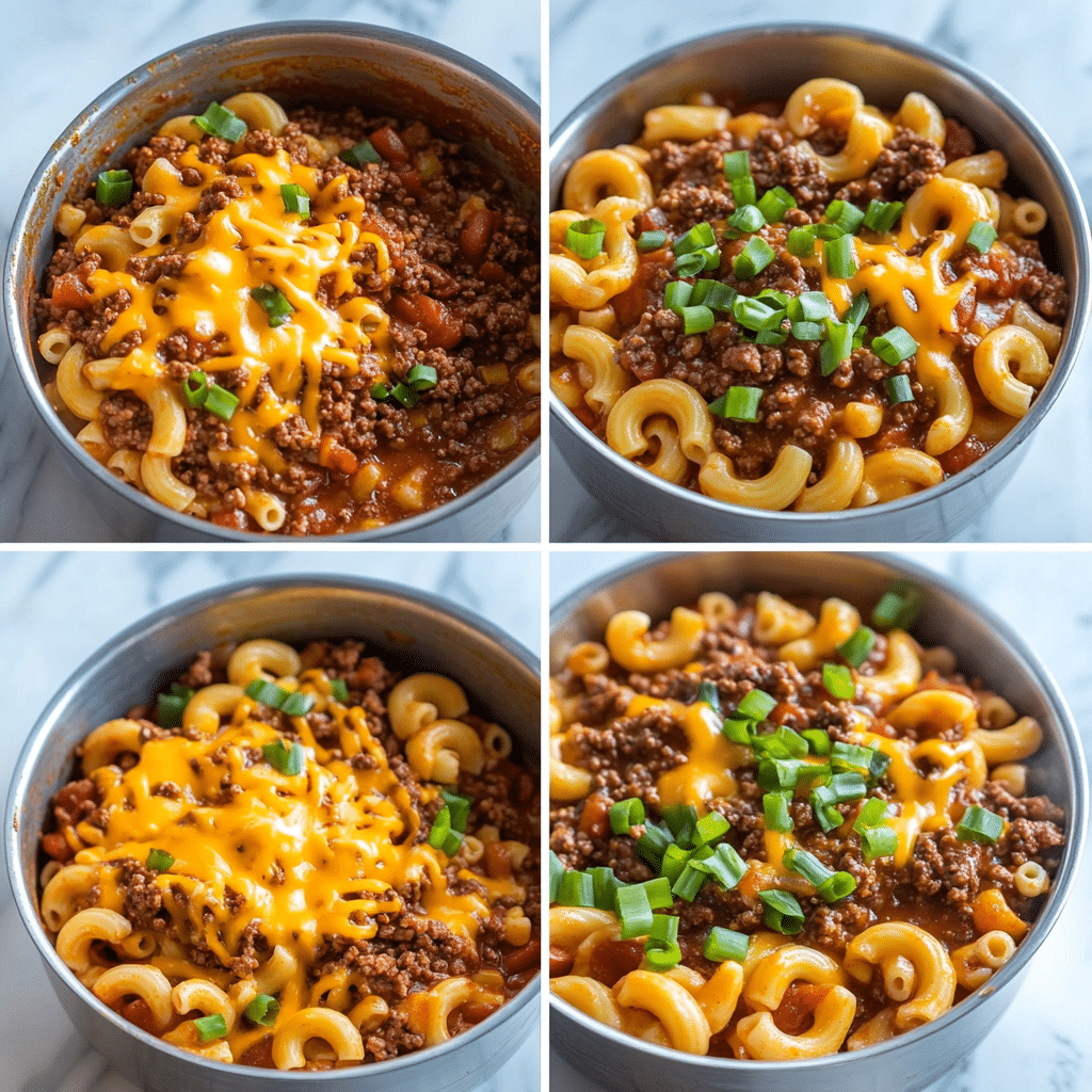 Four-panel collage showing browning meat and onion, adding spices, simmering pasta in sauce, and stirring in cheese to finish