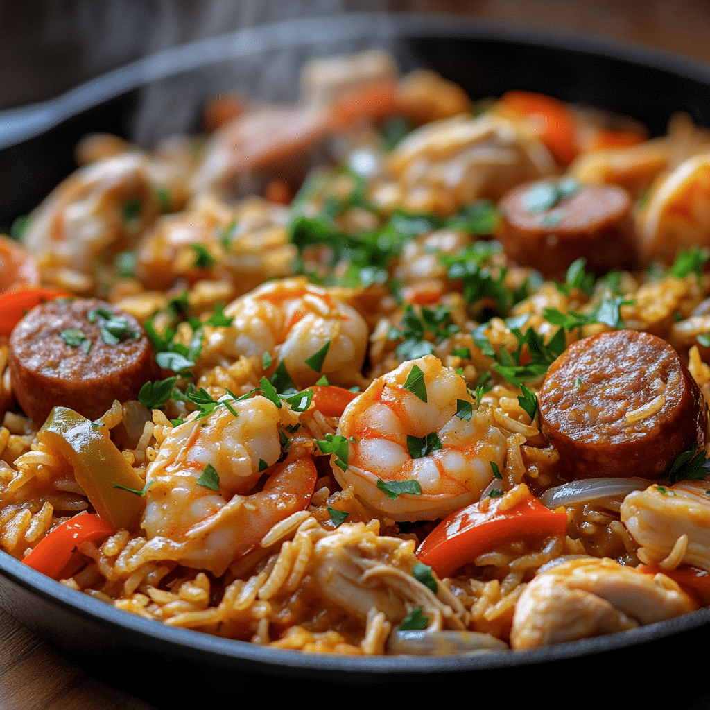Close-up of jambalaya with sausage rounds, chicken pieces, shrimp, and rice in a skillet