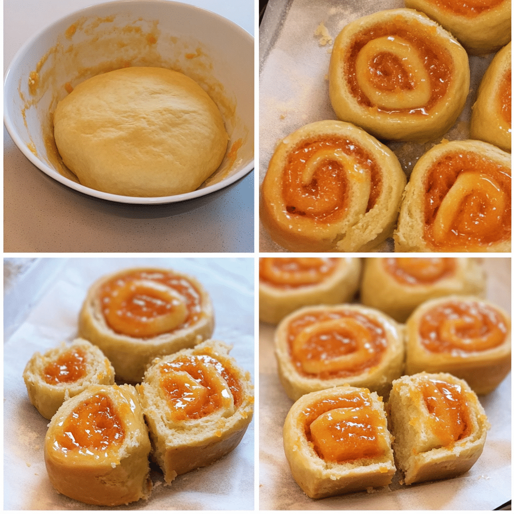 Four panel collage showing kneading dough, filling, slicing, and glazing orange rolls