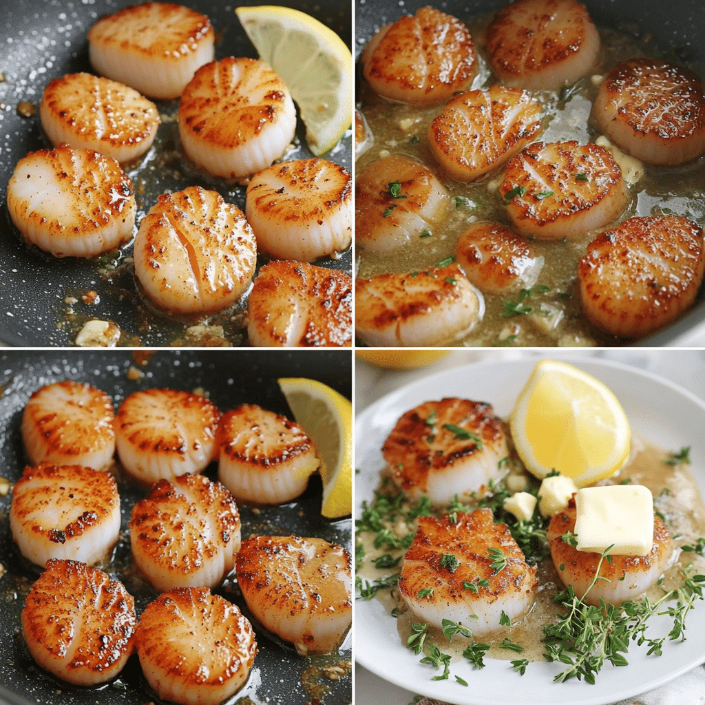 Four panel collage showing drying scallops, searing in a skillet, making butter garlic sauce, and serving