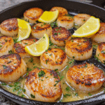 Pan seared scallops with golden crust in a skillet with butter sauce and lemon