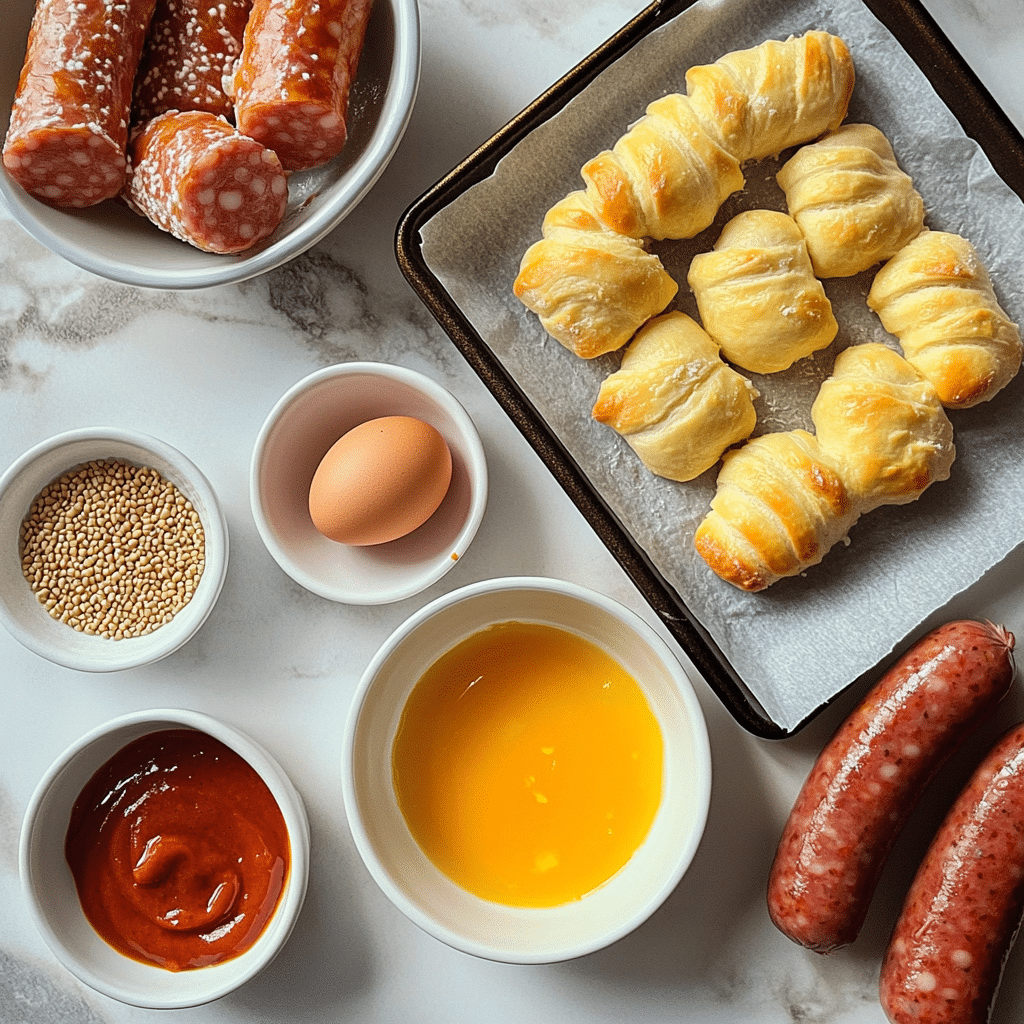 Overhead ingredients for pigs in a blanket including crescent dough, cocktail sausages, egg wash, and sesame seeds