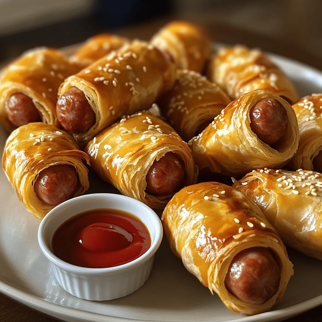Close-up platter of pigs in a blanket with mustard and ketchup dips