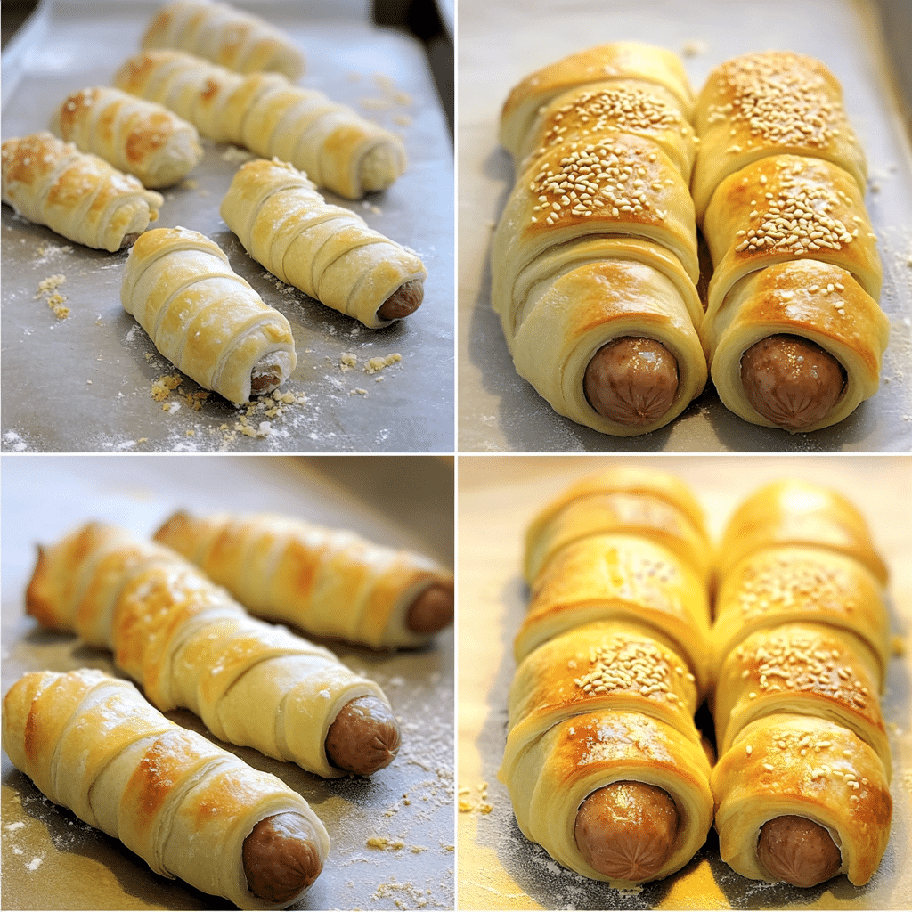Four-panel collage showing cutting dough, wrapping sausages, brushing with egg wash, and baked golden pigs in a blanket