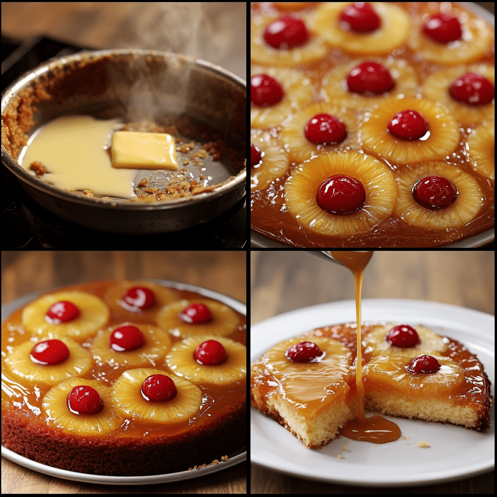 Four panel collage showing making pineapple upside down cake including topping, arranging pineapple, pouring batter, and flipping the cake