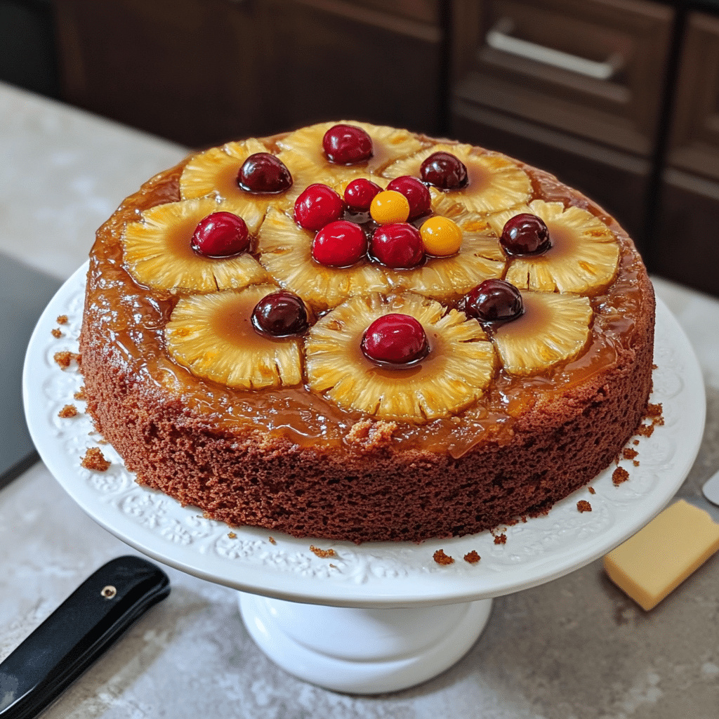 Pineapple upside down cake on a cake stand with caramelized pineapple rings and cherries