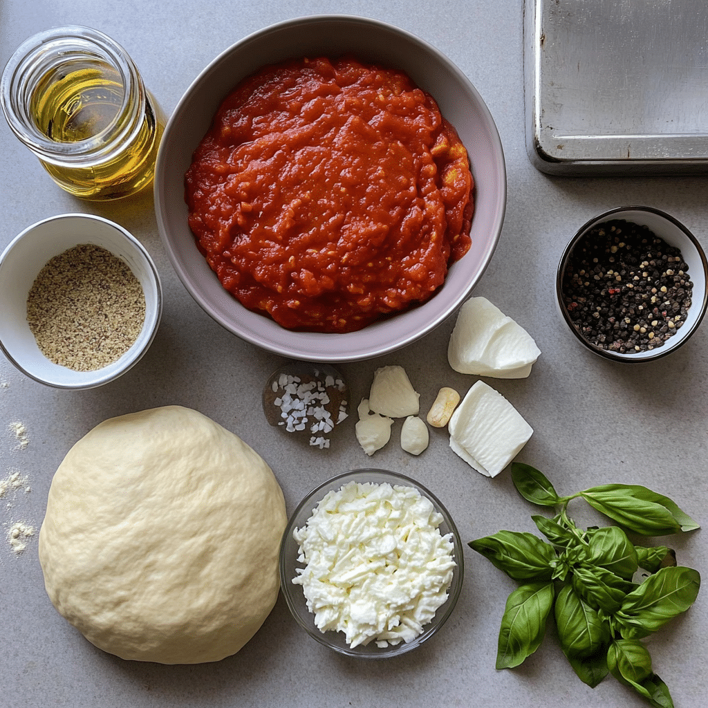 Overhead ingredients for pizza mozzarella including dough, sauce, mozzarella, basil, and seasonings