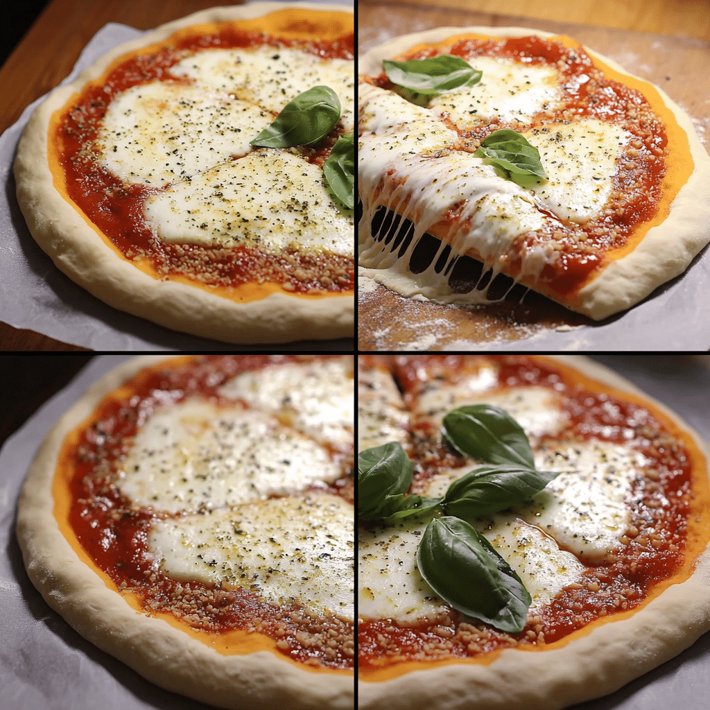 Four-panel collage showing shaping dough, adding sauce, topping with mozzarella, and baked pizza being sliced with basil