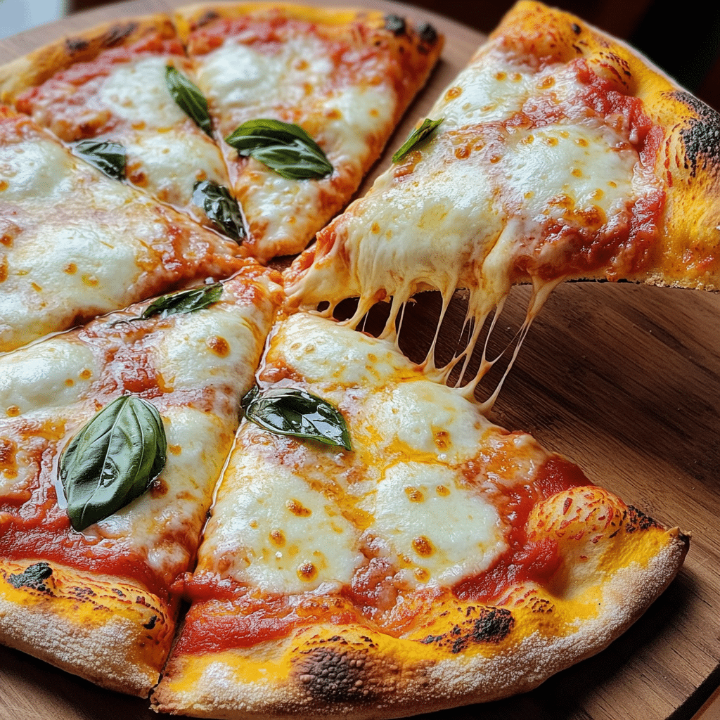 Close-up of pizza mozzarella with melted mozzarella, tomato sauce, basil, and a slice being lifted