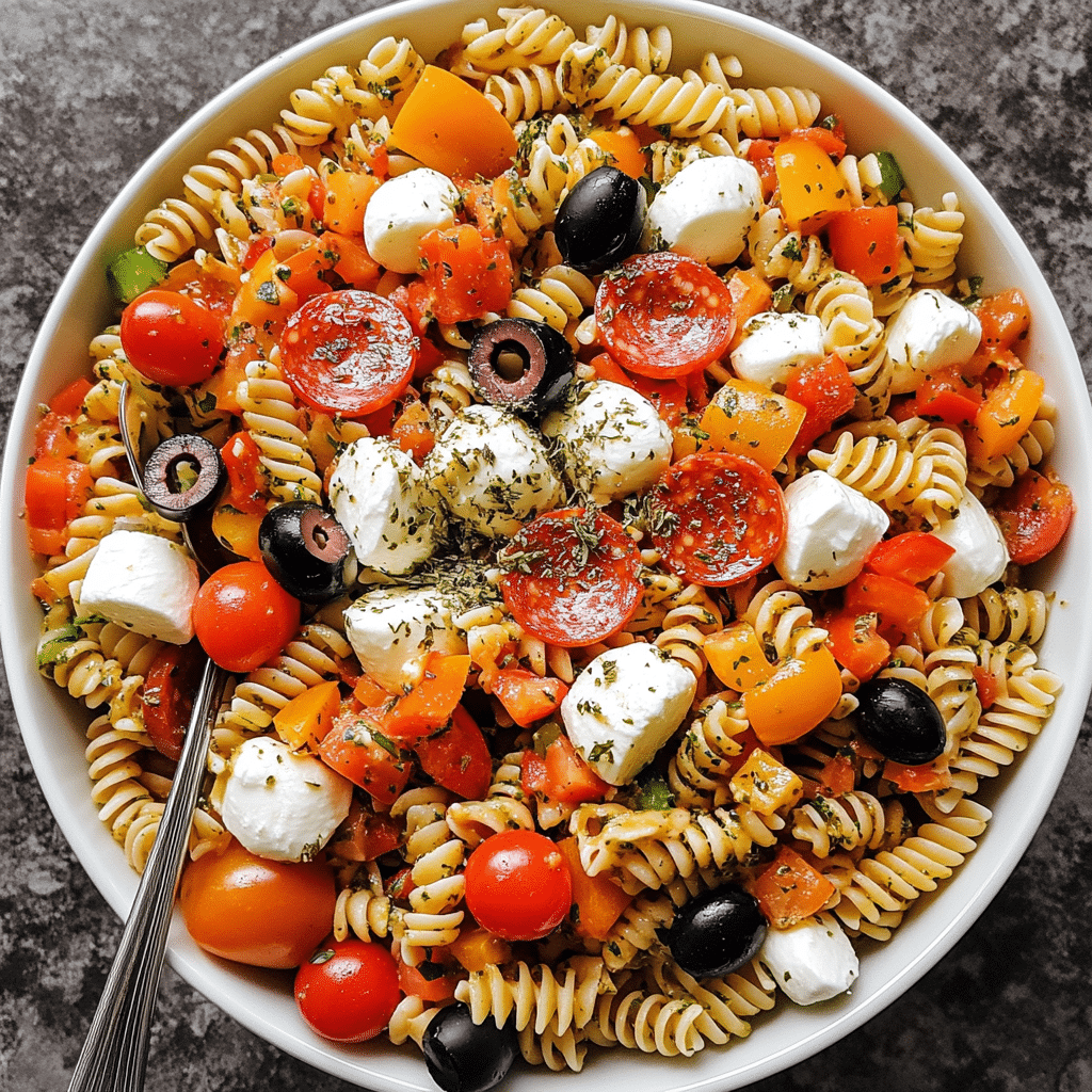 Overhead bowl of pizza pasta salad with rotini, pepperoni, mozzarella, and veggies