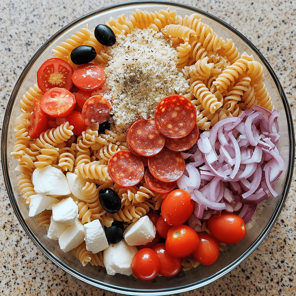 Overhead ingredients for pizza pasta salad including rotini pasta, pepperoni, mozzarella, tomatoes, olives, peppers, and Italian dressing