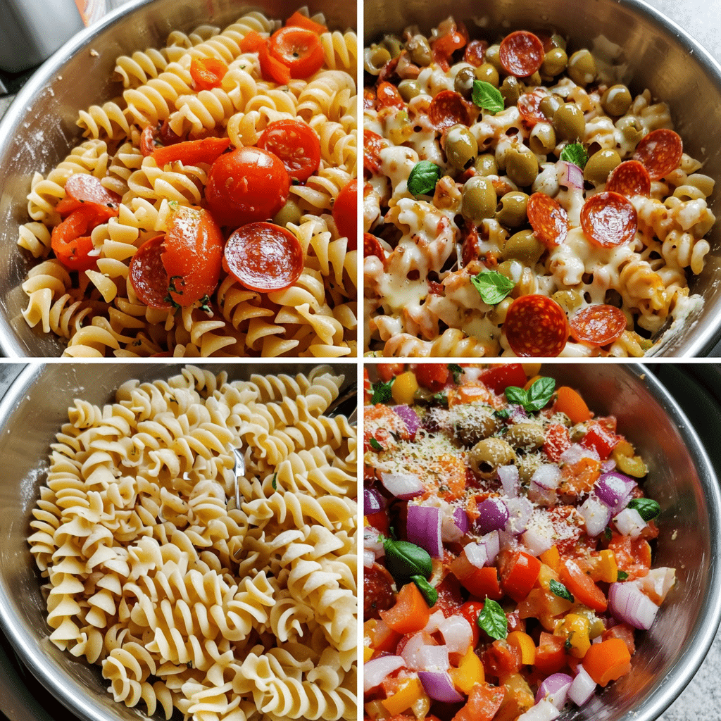 Four-panel collage showing cooking pasta, tossing with dressing, mixing in toppings, and finished pizza pasta salad ready to serve