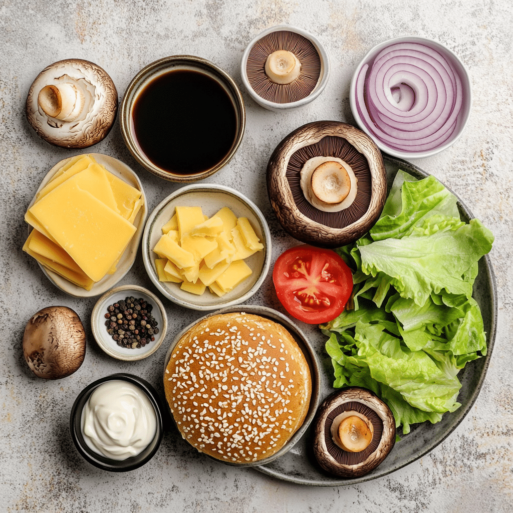 Ingredients for portobello mushroom burgers including mushroom caps buns cheese and marinade items