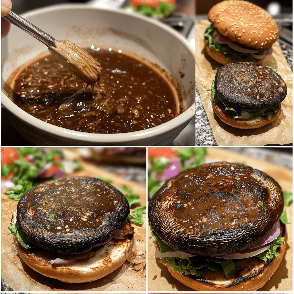 Four panel collage showing marinating and cooking portobello caps and assembling burgers