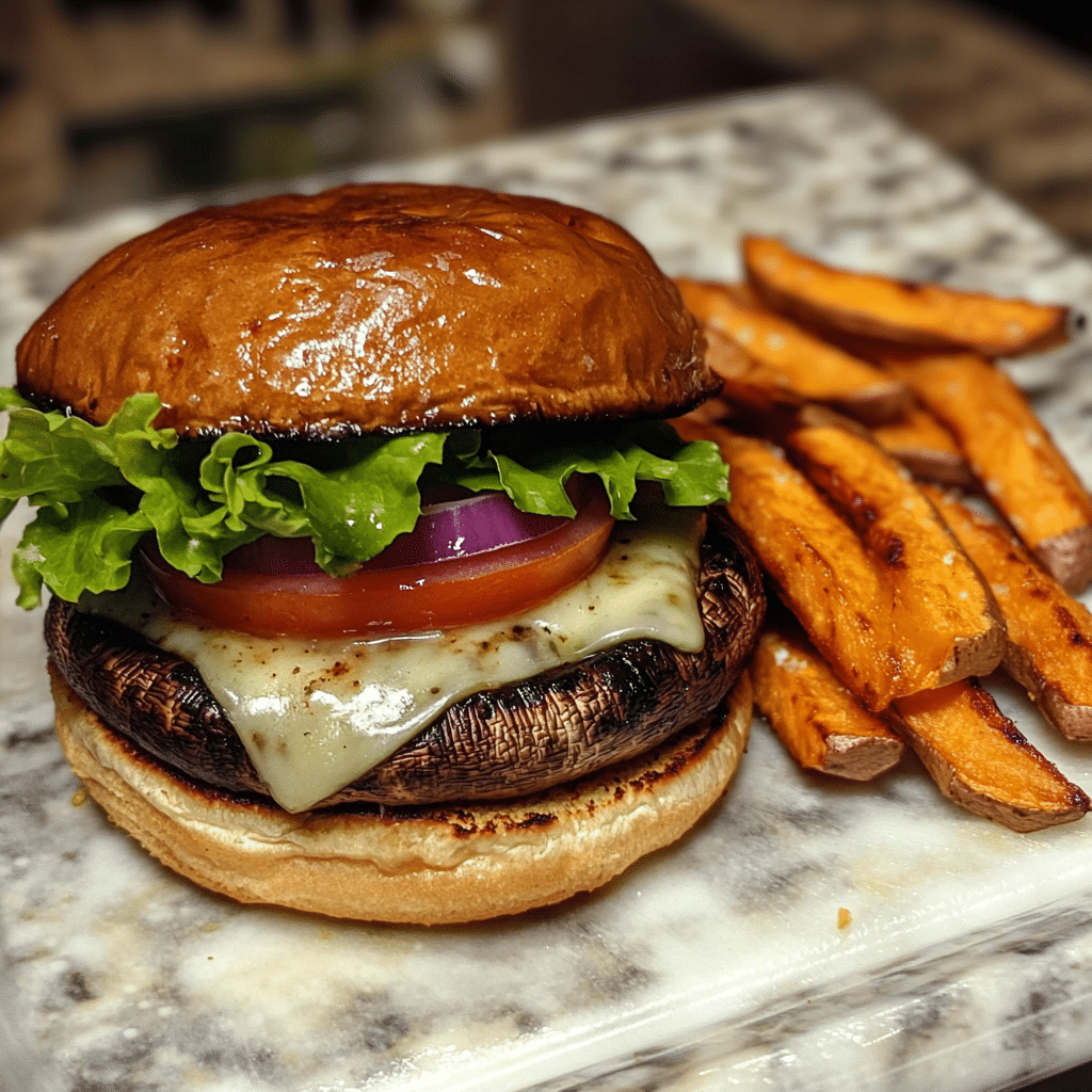 Portobello mushroom burger on a toasted bun with cheese lettuce tomato and onion
