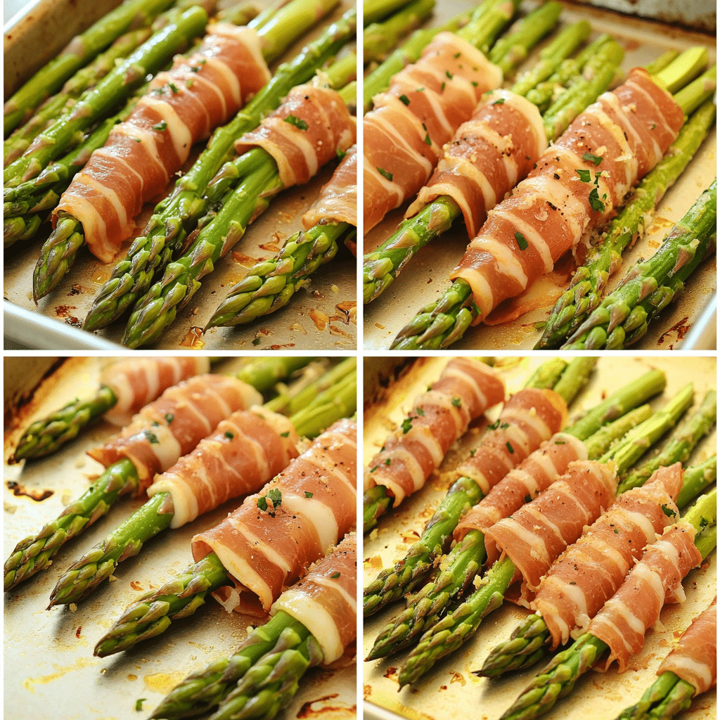 Step-by-step collage of trimming asparagus, wrapping with prosciutto, baking on a sheet pan, and serving with lemon