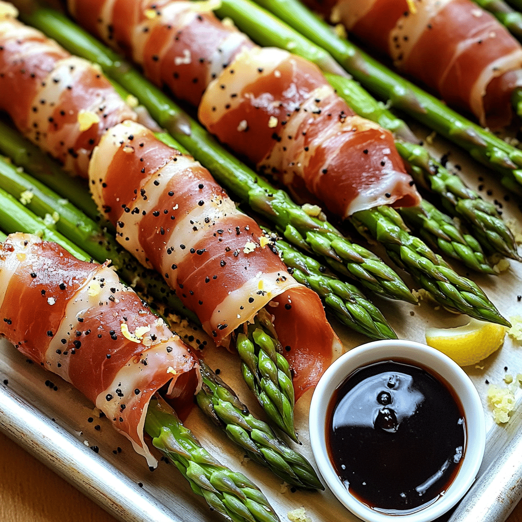 Prosciutto wrapped asparagus spears baked until crisp with lemon zest and parmesan on a sheet pan