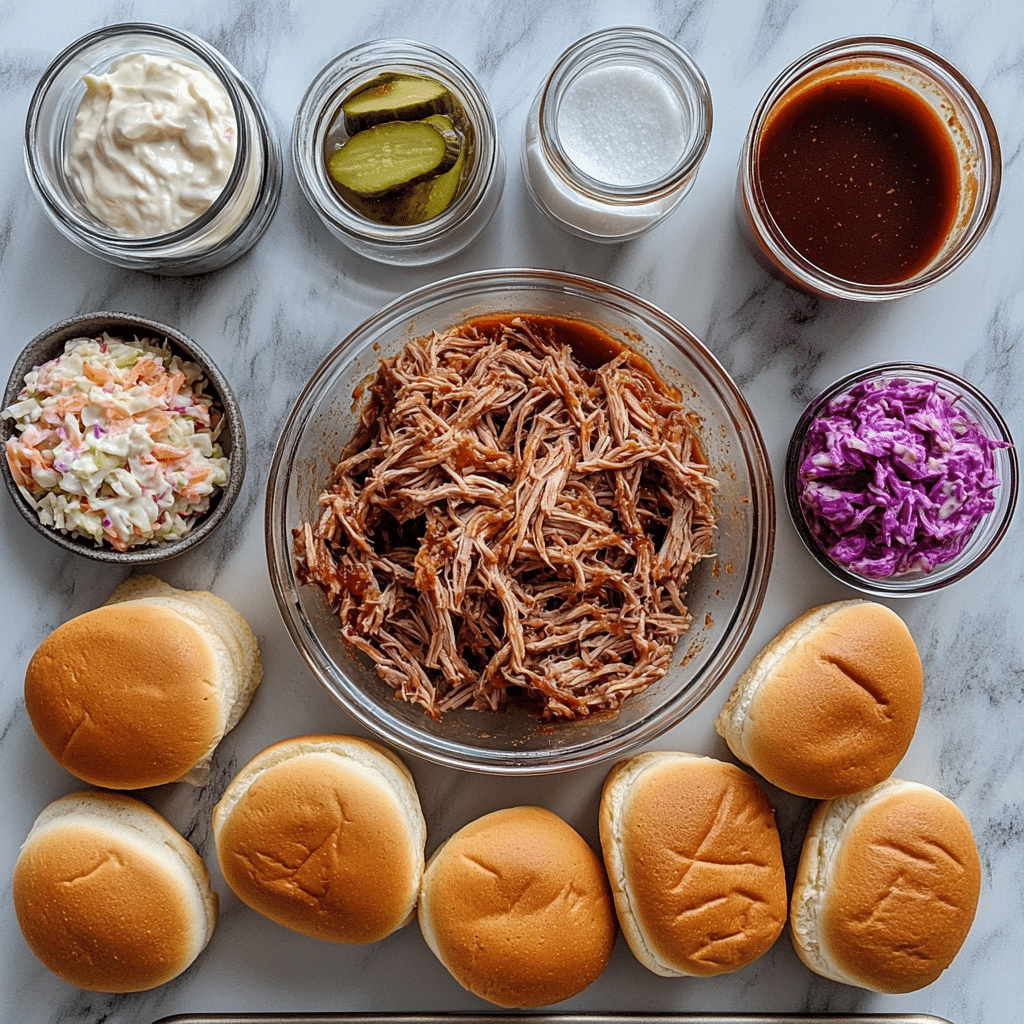 Overhead ingredients for pulled pork sliders including pulled pork, barbecue sauce, slider buns, coleslaw mix, and pickles