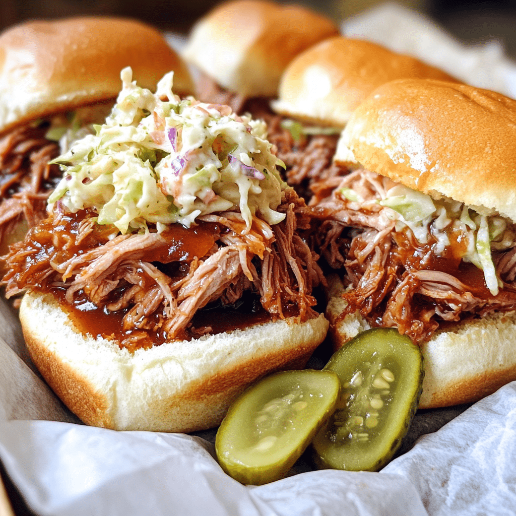 Close-up of pulled pork sliders on soft buns with coleslaw and pickles