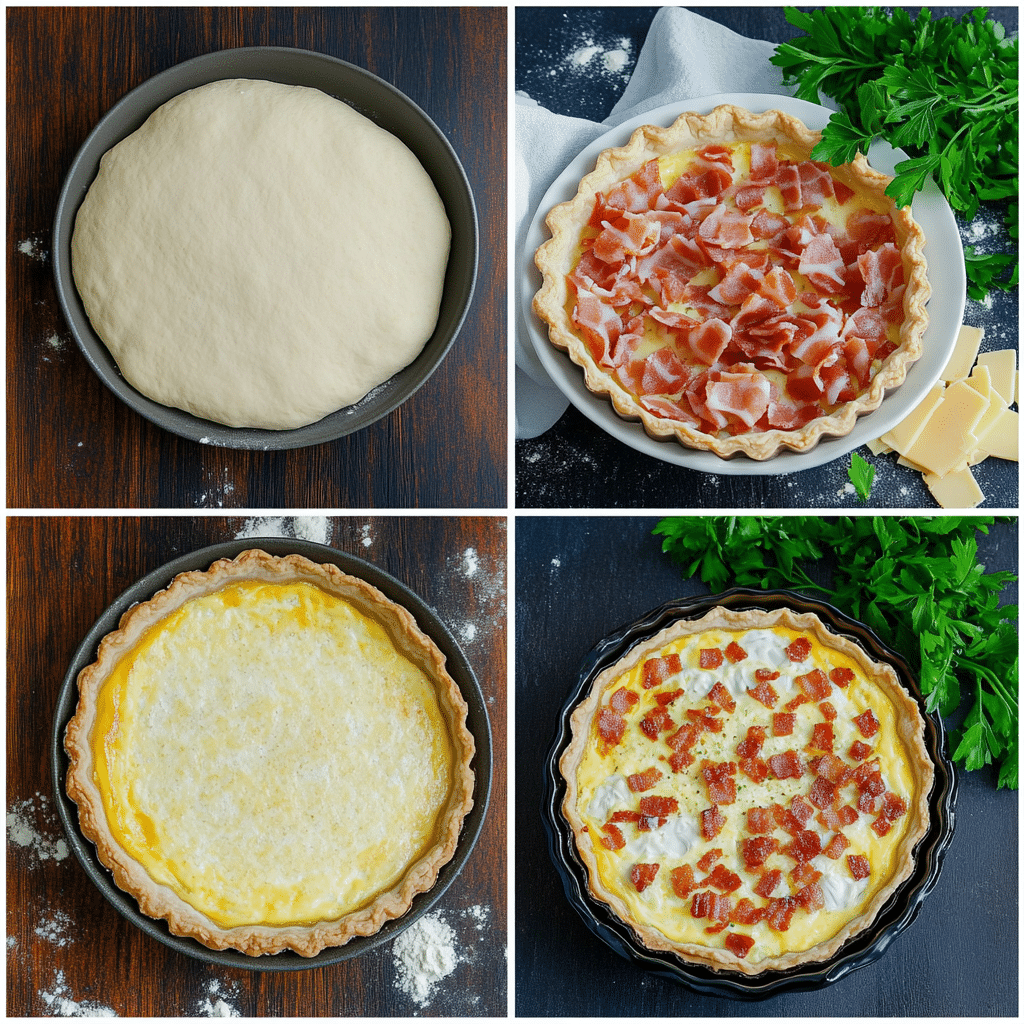 Four-panel collage showing making crust, cooking bacon, mixing custard, and baking