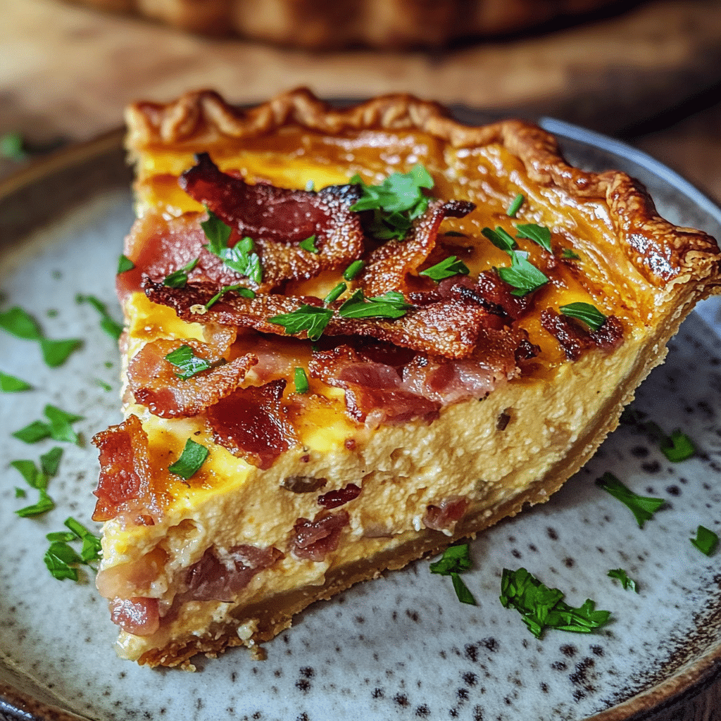 Slice of quiche lorraine with bacon and herbs
