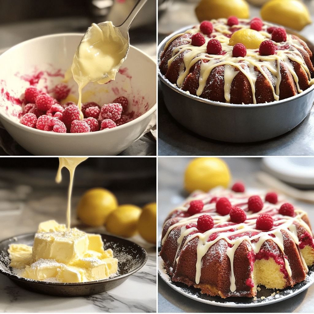 Four panel collage showing mixing lemon batter, folding raspberries, filling a pan, and glazing the finished cake