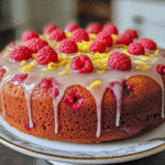 Raspberry lemonade cake with lemon glaze and fresh raspberries on top