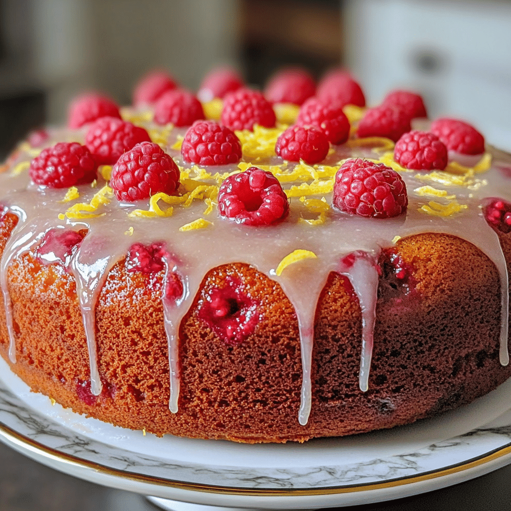 Raspberry lemonade cake with lemon glaze and fresh raspberries on top