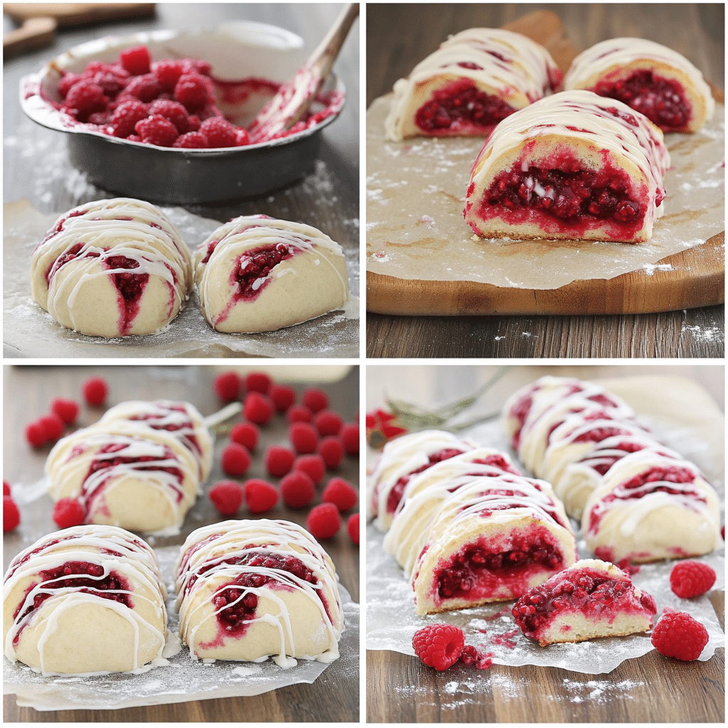 Four-panel collage showing making dough, adding filling, baking, and glazing