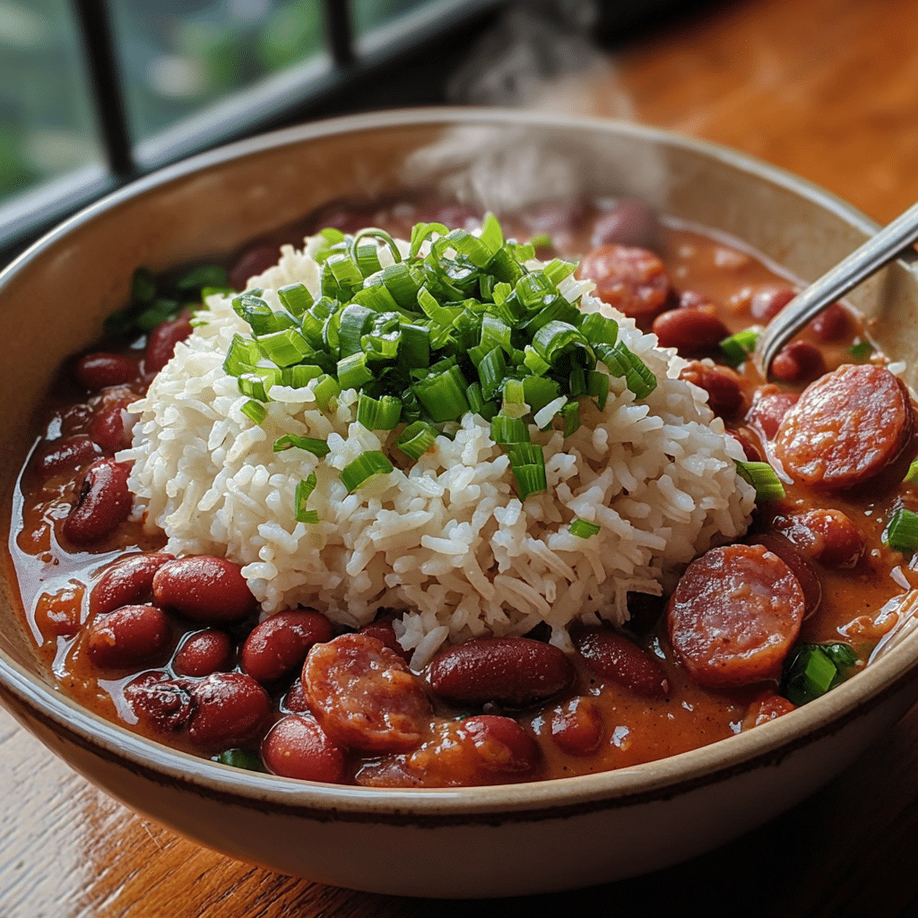Close-up of red beans and rice with creamy beans, sausage rounds, and white rice topped with green onions