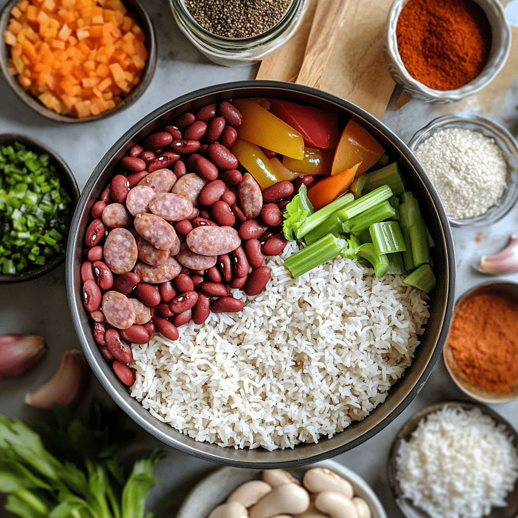 Overhead ingredients for red beans and rice including dried red beans, rice, smoked sausage, diced vegetables, broth, and seasonings