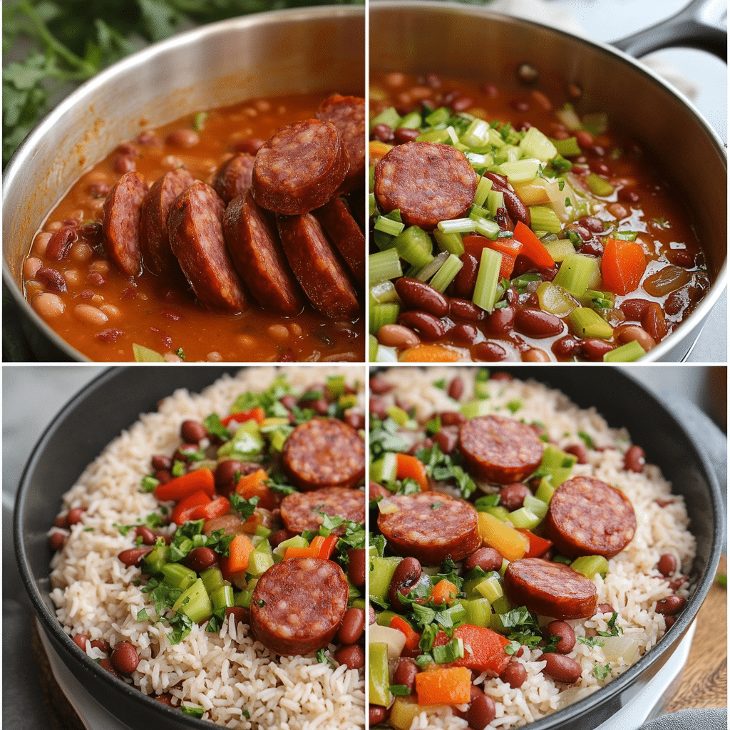 Four-panel collage showing browning sausage, sautéing vegetables, simmering beans, and serving red beans and rice with green onions