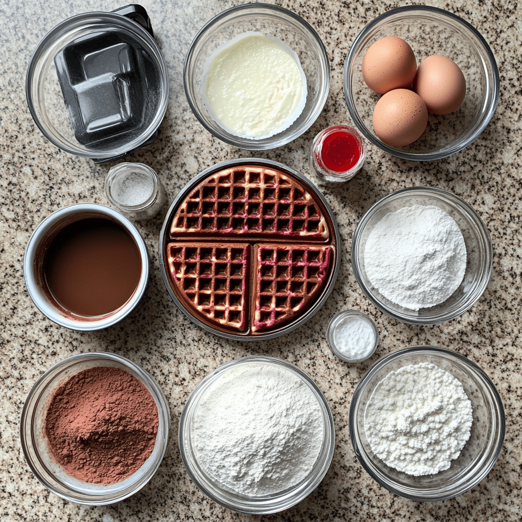 Baking ingredients for red velvet waffles arranged on a kitchen counter with a waffle iron in the background