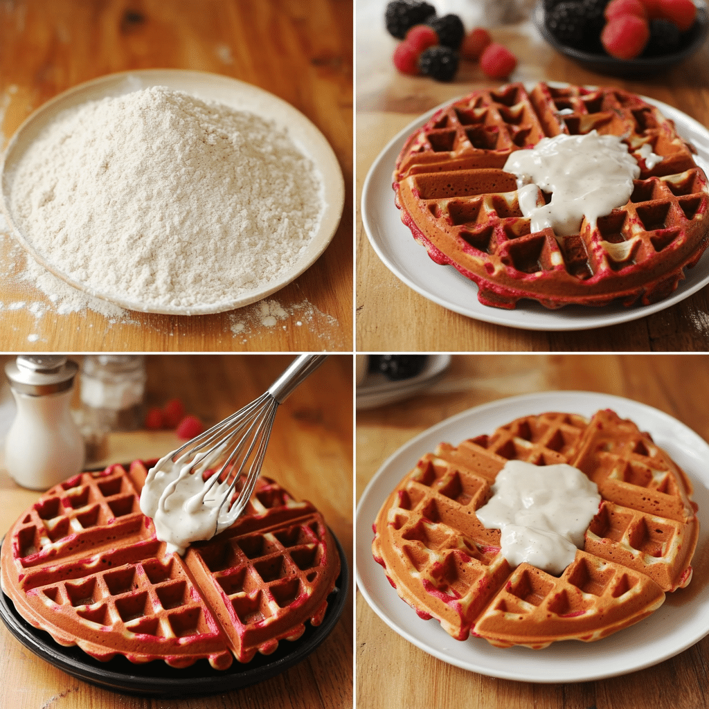 Four-panel collage showing making waffle batter, cooking waffles, and plating