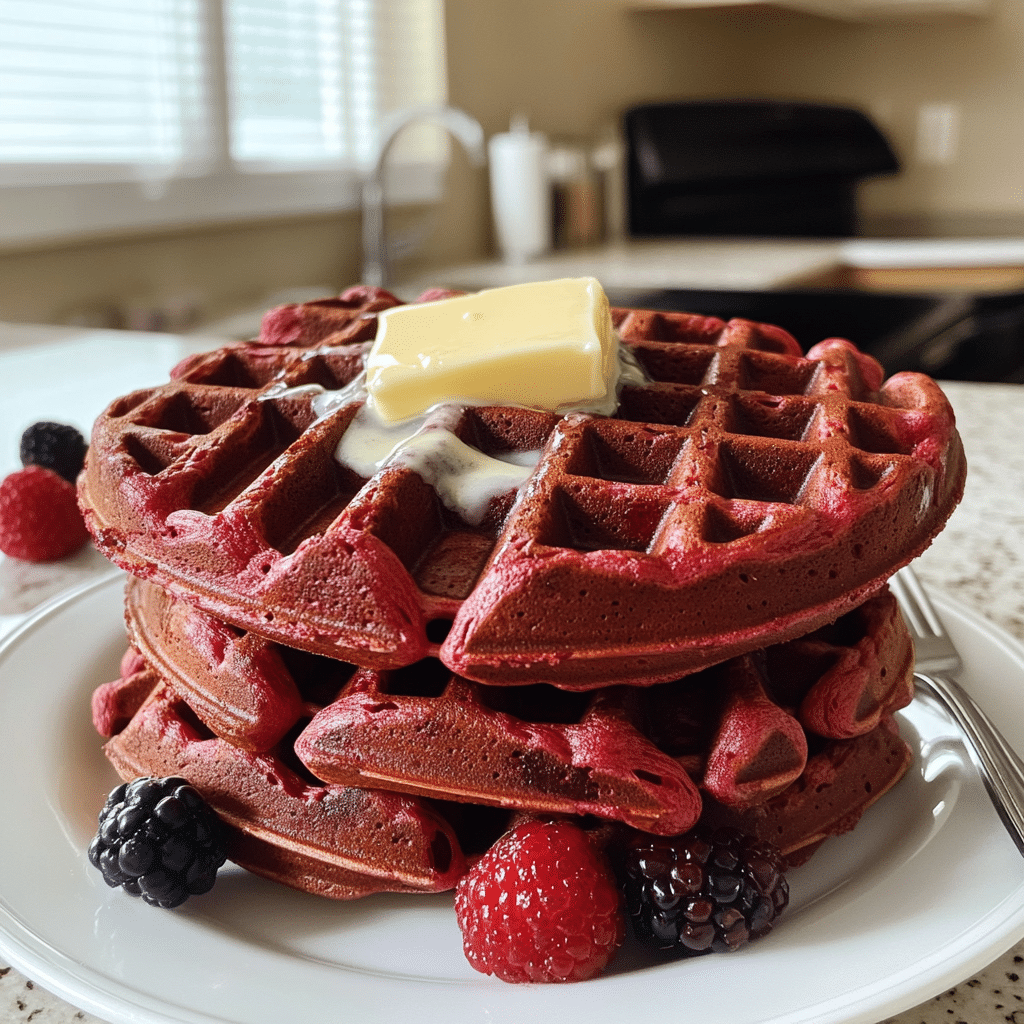 Stack of red velvet waffles topped with butter and cream cheese glaze on a white plate