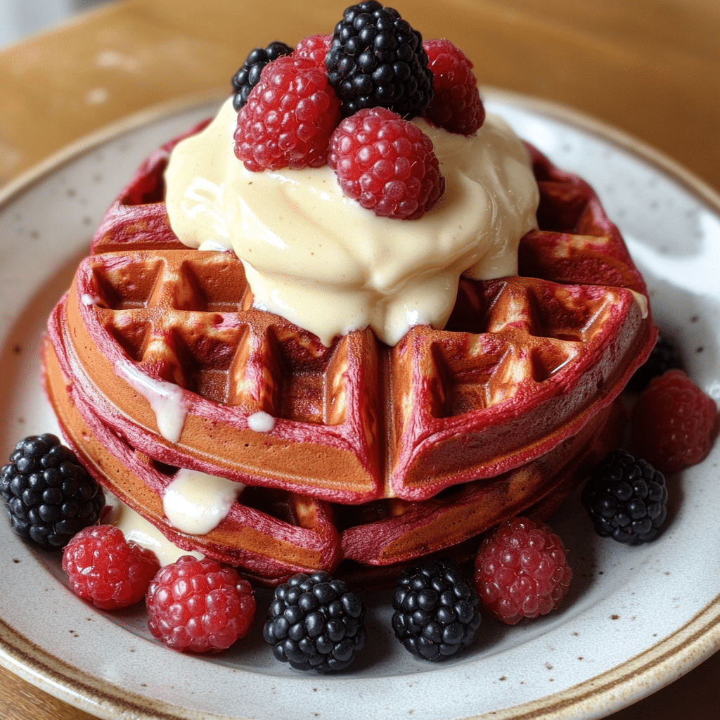 Red velvet waffles with cream cheese glaze and fresh berries