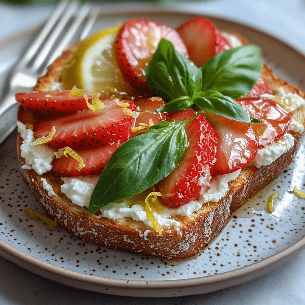Ricotta toast topped with strawberries, honey, lemon zest, and basil on a plate