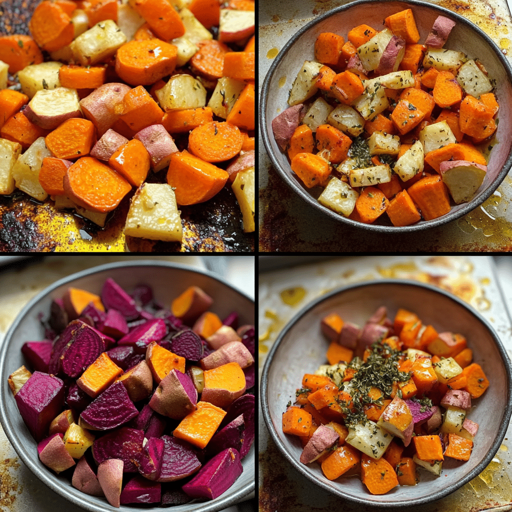 Four-panel collage showing root vegetables chopped tossed on a sheet pan and roasted