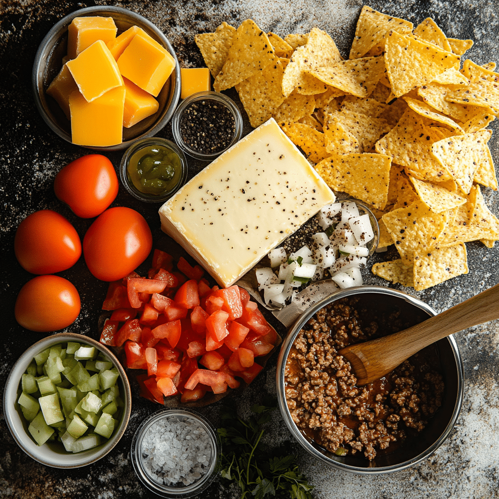 Overhead ingredients for rotel dip including cubed cheese, canned tomatoes and chiles, ground beef, spices, and chips