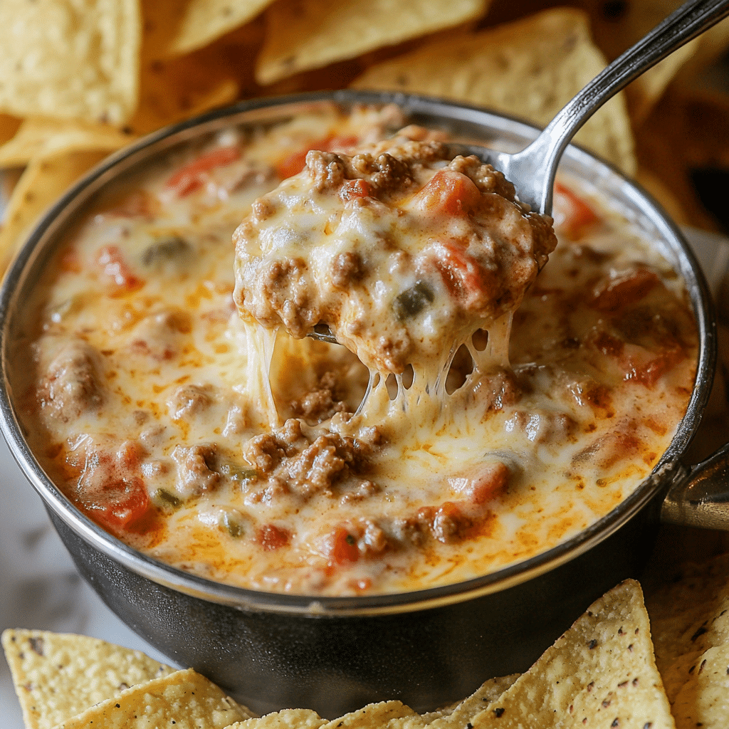 Close-up of rotel dip queso with beef crumbles, diced tomatoes, and chips on the side