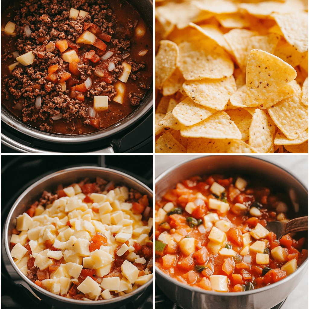 Four-panel collage showing browning beef, melting cheese, stirring in tomatoes and chiles, and serving rotel dip with chips