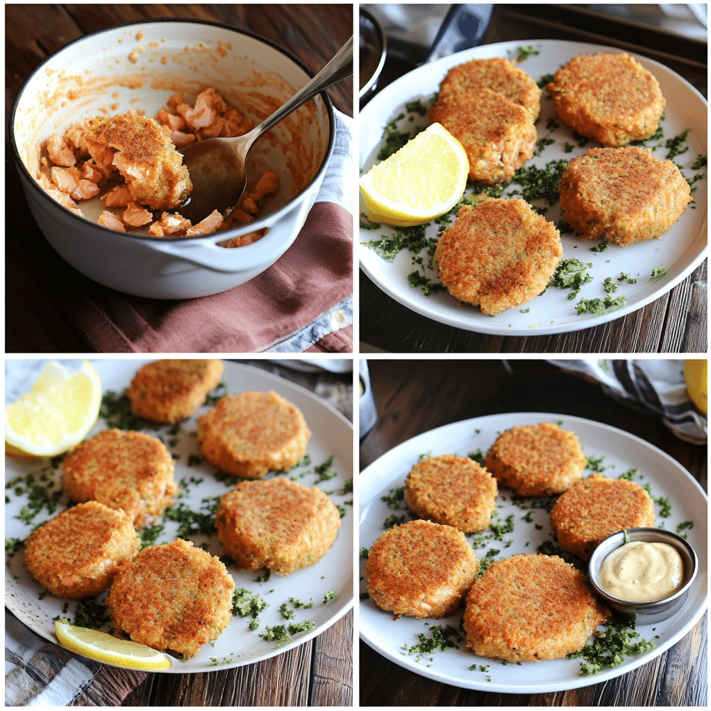 Four panel collage showing mixing, shaping, searing, and serving salmon patties