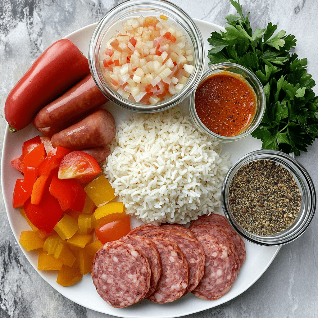 Ingredients for sausage and rice skillet including sausage, rice, peppers, onion, broth, tomato paste, and spices