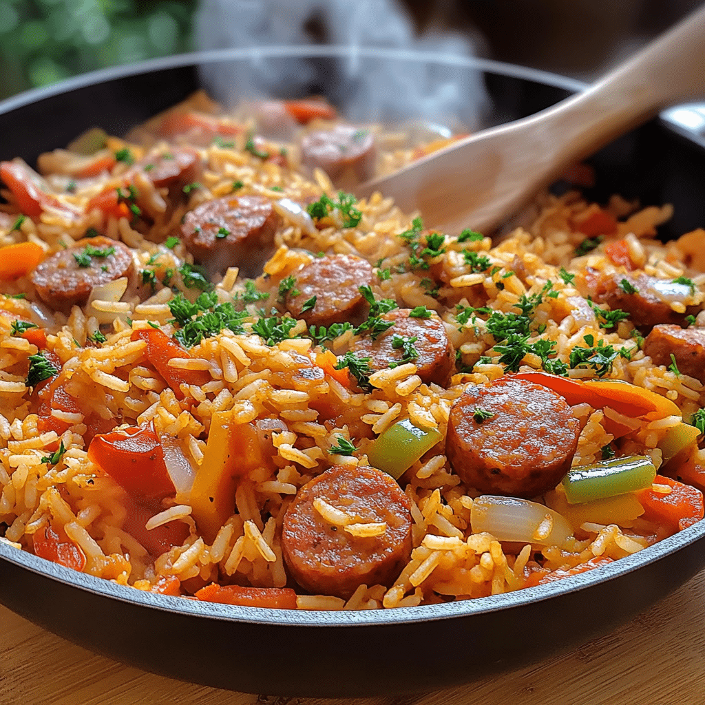 Sausage and rice skillet in a pan with peppers, onions, and parsley