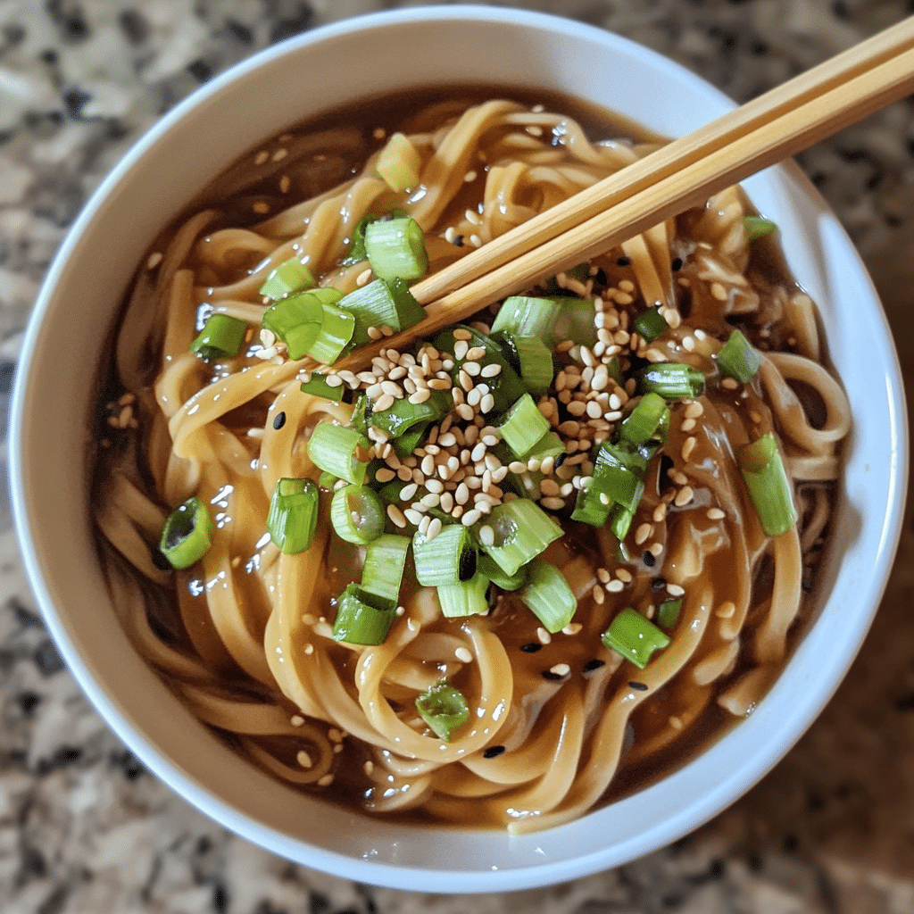 Bowl of sesame noodles with green onions and sesame seeds on top